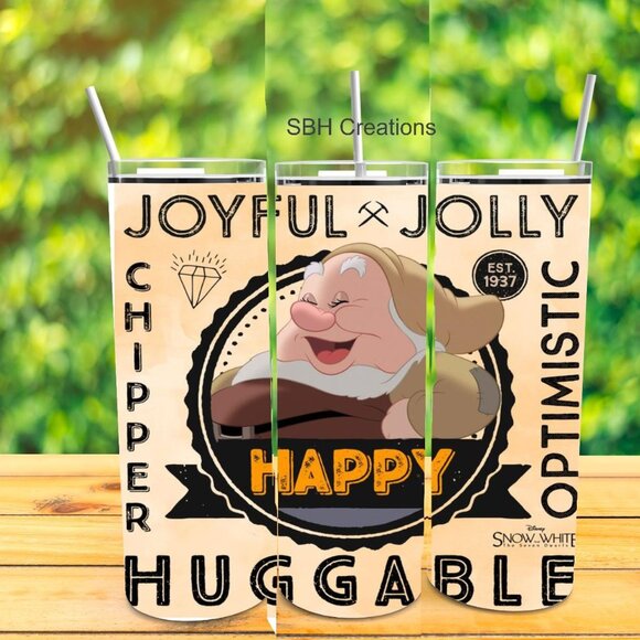 new 20oz Happy from 7 dwarfs insulated tumbler with sliding lid and straw - Picture 1 of 1